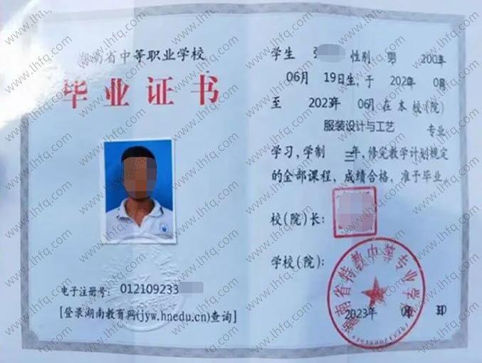 湖南湖南省特教中等专业学校中专毕业证样本图片